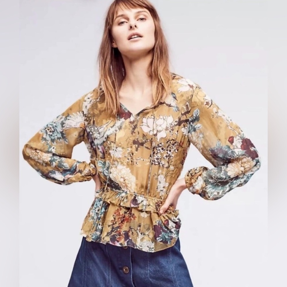 Hemant & Nandita Women’s Blouse Keystone 100% Silk Peplum Ruffle - Size Small